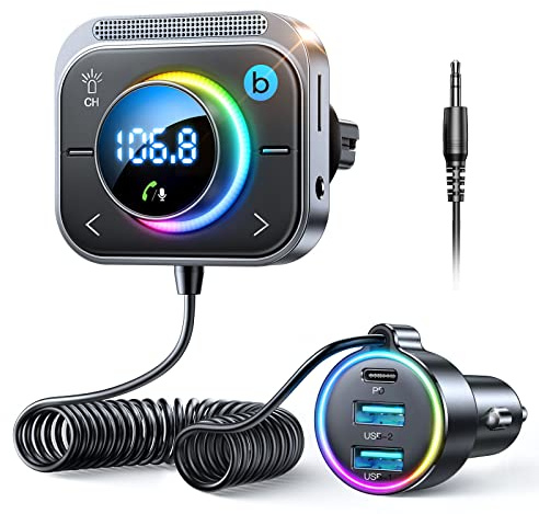 JOYROOM 96W Bluetooth 6.0 Adapter Auto【60W PD&Bass】 FM Transmitter mit Aux | 90W Super-Schnellladung, Bluetooth 6.0, 60W PD & Dual 18W QC 3.0, Bass & Freisprechanlage, Übergroßes Mikro, LED-Leuchten