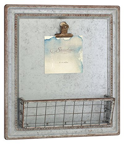 Stonebriar Rustic Galvanized Metal Magnetic Memo Board for Wall with Clip and Wire Basket
