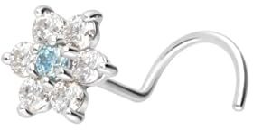 PIERCINGLINE 14 Karat oder 18 Karat Gold Nasenpiercing Spirale MOISSANIT-BLUME | Piercing Nase Stecker | Farbauswahl