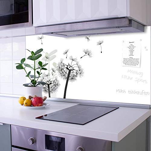banjado Küchenrückwand Glas ohne Bohren 110x55cm – Glasrückwand Küche mit Motiv Pusteblume 2 / Spritzschutz Küchenrückwand Glas/selbstklebende Küchenrückwand Platte - magnetisch & beschreibbar