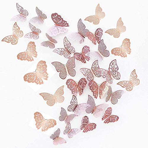 JUN-H 36 Stücke 3D Schmetterling Dekorationen Schmetterling Aufkleber DIY Wandkunst Aufkleber Schlafzimmer Baby Dekor Abziehbilder Abnehmbare Dekorative Papier Wandbilder (Rose Rot)