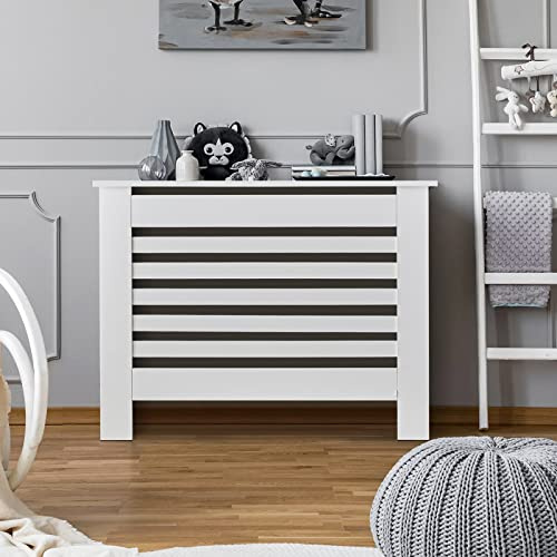CLIPOP Moderne Heizkörperverkleidung, weiß lackiert, vertikale Lattenrost, MDF-Schrank, weiß, M