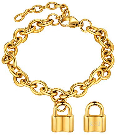 FOCALOOK 8,3mm Dicke Rolokette Armband für Frauen Männer 18k vergoldet 18+5cm Gliederarmband mit personalisiertem Vorhängeschloss Anhänger Trendiger Armkette Schmuck für Party