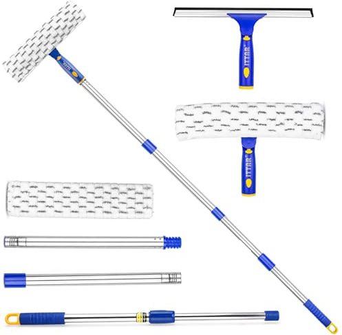 ITTAR Window Squeegee Cleaning Kit with 60 Inch Extension Pole | 12 Glass Cleaner Tool rubber Blade & 2 Microfiber Pads | Window Washing Equipment for High Windows, Shower Glass Doors, Car Windshield