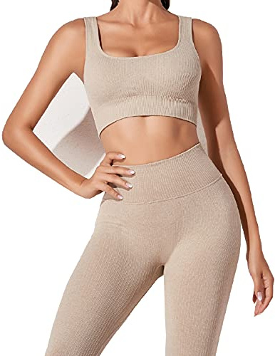 Workout-Outfits für Frauen 2-Teiliges Set,Nahtlos Yoga-Outfits Hohe Taille Leggings+Sport-BH Damen Trainingsanzüge Set(Khaki,L)