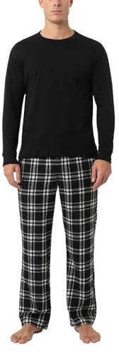 LAPASA Varm och bekväm pyjamas för män bomullstopp och flanell- eller fleecebyxor höst/vinter M79/M129, Svart topp + svarta och vita byxor, XL