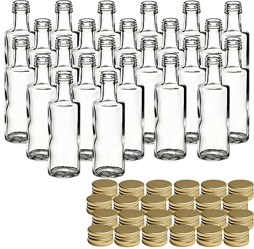 gouveo Juego de 24 botellas de vidrio Dorica de 40 ml con tapón de rosca dorado - mini botella de 0,04 l para rellenar - botellas de vidrio para licor, aceite o para manualidades (DFT040G)