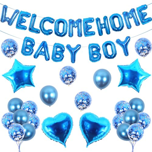 Fangleland Willkommen Zuhause Baby Junge Deko, Willkommen Zuhause Baby Junge Banner, Folienballon Konfettiballon für Babyparty Baby Dusche Party Deko Blau