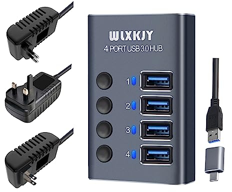 WLXKJY Hub USB 3.0 in alluminio, hub USB attivo - 4 porte USB 3.0 SuperSpeed, interruttori individuali e alimentatore da 36 W (12 V/3 A) per MacBook/MacBook Air/MacBook PRO
