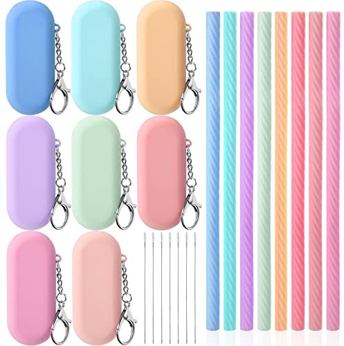 Meanplan 8 Set Silicone Travel Straws Reusable with Case,Light Color