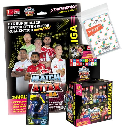 Bundle mit Match Attax EXTRA 2022/23-1 Starter + 1 Display (24 Booster) + Exklusive Collect-it Hüllen