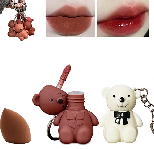 Camic Keychain Bear Lipsticks, 2 In 1 Key Chain Bear Lipstick Mist Matte Velvet Lipstick Waterproof Long Lasting Lip Gloss Cute Bear Beauty Makeup (#5 + #7)