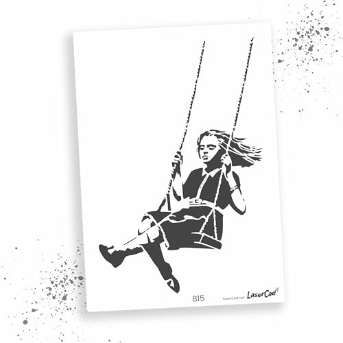LaserCad Schablonen BANKSY Streetart (B015, Swing Girl, DIN A4) Stencil für Graffiti, Airbrush, Kunst, Deko, zum Malen