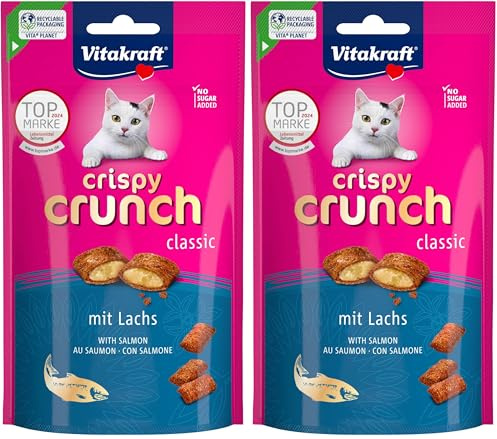 Vitakraft Crispy Crunch, knusprige Snackkissen gefüllt mit Lachs, Katzensnack, zuckerfrei (1x 60g) (Packung mit 2)