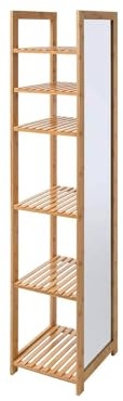 Avilia Scaffale a Colonna con Specchio per Bagno - Scaffale con 5 Mensole e Specchio per Camera, in Bambù, 35x35x168cm, Beige