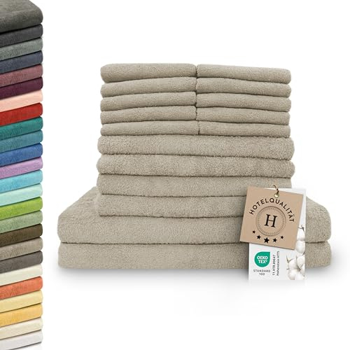 ZOLLNER 16-teiliges Handtuchset: 10x Gästehandtücher (30x50 cm), 4x Handtücher (50x100 cm), 2x Duschtücher (70x140 cm), Weich und saugstark, Waschbar bis 95°C, Baumwolle, Cappuccino
