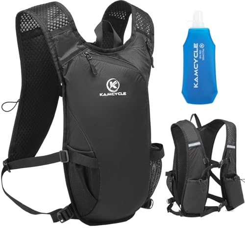 KAMCYCLE Trinkrucksack mit Flasche (ohne Trinkblase, nur mit 1 x 500ml Flasche) | Laufrucksack| Trinkrucksack Fahrrad mit Reflektoren | Laufen, Fahrradfahren & Joggen (Mit 1 STK. 500ml Flasche)