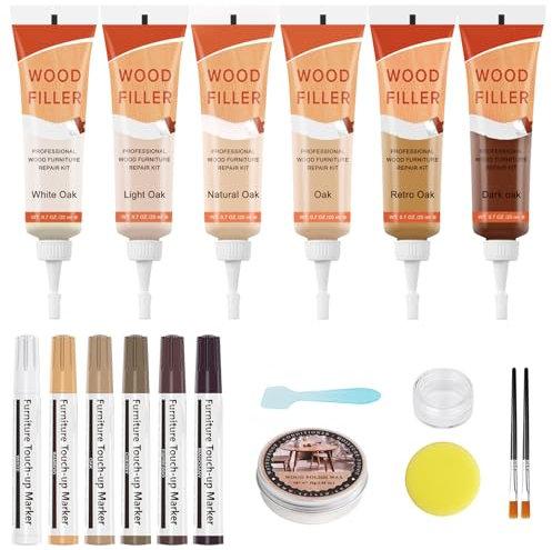 DEWEL Kit Riparazione Parquet, 12 Colori di Stucco per Legno, Kit Riparazione Legno Stucco per Riparare Crepe, Buchi, Graffi nei Mobili in Legno (15 Pezzi)