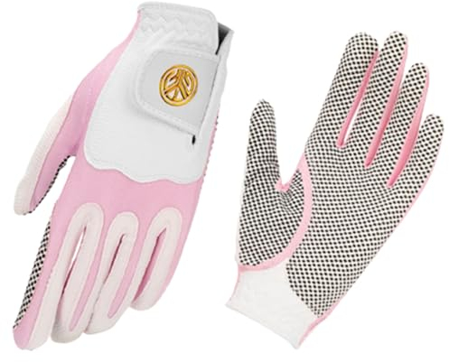 YaoFafa2178 1 Paar Damen-Golfhandschuhe, Weiches, Atmungsaktives PU-Leder mit Rutschfesten Partikeln, Verschleißfest, Waschbar, Outdoor-Sport, Golfzubehör,Pink,L(Length19cm)