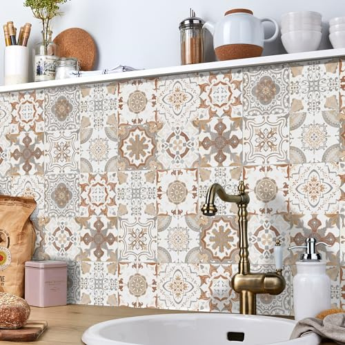 Fliesenaufkleber Retro Orange Beige Mosaikfliesen Vinyl Klebefliesen Wohndekoration Fliesenaufkleber Bad Wasserdicht Fliesenaufkleber Küche Ölfest Fliesenfolie 24 Stück/15x15cm