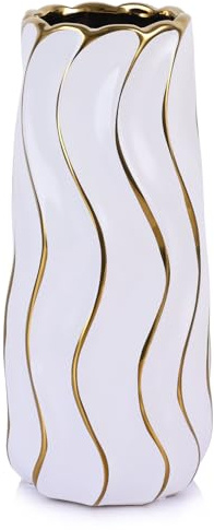 Vaso in Ceramica Bianca e Dorata da 24 cm - Vaso Minimalista per Fiori, Vaso Moderno per Pampas, Vaso Decorativo Boho per Decorazione Casa, Tavolo, Mensola, Caminetto, Ingresso