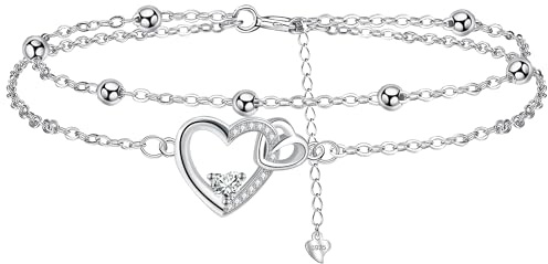 Micory Bracelet Coeur Femme en Argent Sterling 925 Double Chaîne avec Chaîne Perles avec Zirconium pour Cadeaux Originaux Femmes - avec Boîte Cadeau