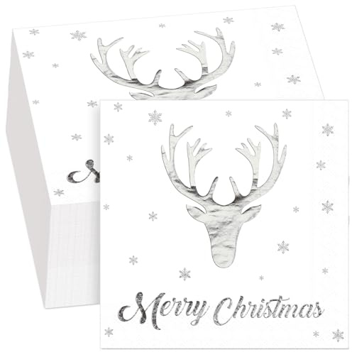 Chrisfall 50 Pcs Merry Christmas Silver Foiled Napkins Christmas Metallic Stag Party Paper Napkins Disposable Xmas Silver Serviettes Cocktail Serviette for Party Supplies(Elk)