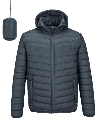 Outdoor Ventures herr quiltad jacka vattentät vinterjacka buffertjacka | Förvaringsbar, lätt övergångsjacka med huva, fodrad utomhusjacka för vandring, resor, fritid