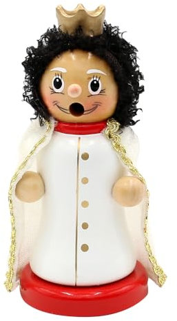 Dekohelden24 Holz Räuchermann, Räucherfigur, Rauchfigur, Räuchermännchen als Märchenfigur Prinz mit Krone und Umhang in rot, weiß und Gold, L/B/H 8 x 8 x 13 cm.