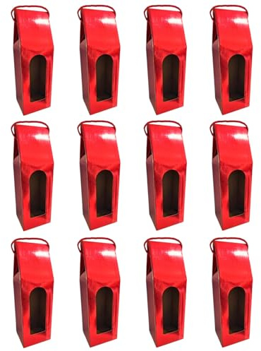 Tradineur - Pack de 12 Cajas Plegables de cartón para Botella de Vino, Incluye asa de Cuerda, Guardar, Regalar, Envolver champán, Navidad (Rojo Brillo - 36 x 12,5 x 8,5 cm)