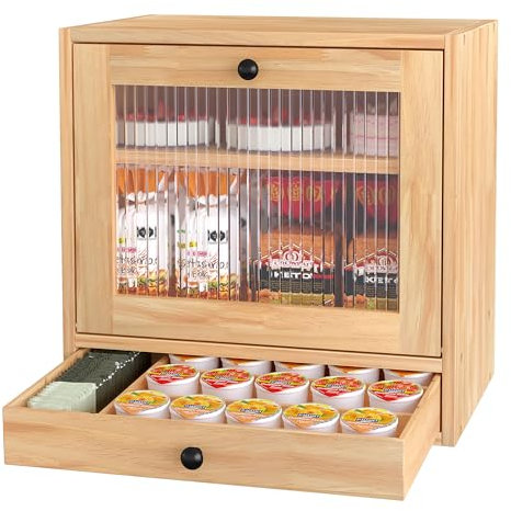 Alpeir Panera para encimera de cocina, contenedor grande de almacenamiento de pan de esquina, contenedor de madera de 3 niveles, estante de despensa con ventana acrílica (original)