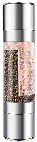Stainless Steel Salt Pepper Grinder Mill 2 in 1 Manual Mill Shakers Refillable with Dual Adjustable Coarseness and Clear Acrylic Body.