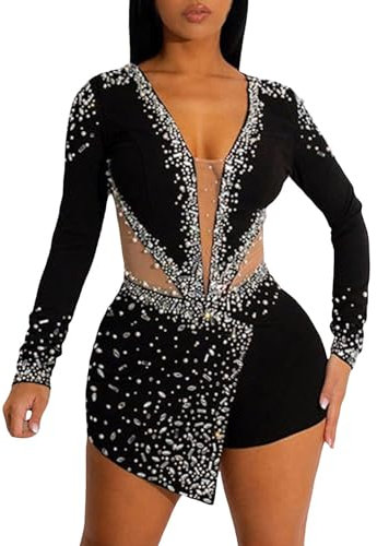 glitzer overall damen, Damen Jumpsuit Pailletten Elegant Festlich Playsuit Overall Party Glitzer Hochzeit Hosenanzug Lang Romper Langarm Einteiler Casual Clubwear Jumpsuits