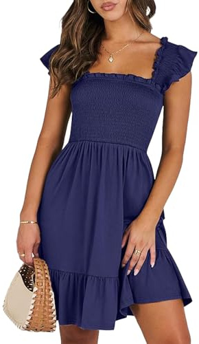 HUXRAKV Vestidos Verano Mujer Casual Vestido Ligero Sin Mangas Cuello Cuadrado Sexy Sin Espalda Mini Vestido con Volantes de Playa,29-Azul,L
