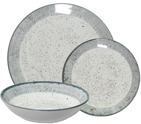 Vajilla de 18 piezas de porcelana con decoracion moteado y borde gris estilo gres 26x6x26 cm