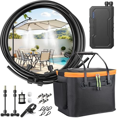 Ausic Tragbares Nebelsystem Für Außenterrasse, Wasserkühlung Mit Batteriebetriebener Pumpe (max. 8 Stunden), Eimer, 7, Schlauch, Terrassen-Nebel Heckklappe, Weide, Camping, Vordach, Sport, 20 L, M