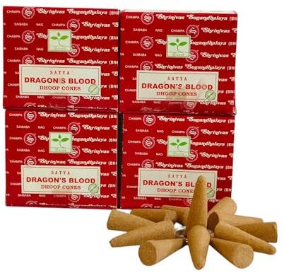 Satya Nag Champa Incense Cones for Meditation and Yoga, 48 Pieces, 4 Packs (Incense Dhoop Cones, Dragons Blood)
