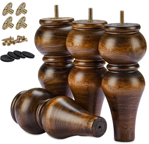 TCHOSUZ 8 inch Solid Wood Furniture Spool Legs with M8 Bolts 4PCS Glaze | Supports 400+lbs, T-nuts,Screws,Anti-Scratch Pads incl., Fits Sofa,Cabinet,Recliner,Ottoman,Dresser, Easy 10-min DIY Install