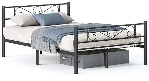 VASAGLE Marco de Cama Matrimonio, Estructura de Cama de Metal, para Colchón de 135 x 190 cm, Montaje Sencillo, para Habitaciones Pequeñas, Negro Tinta RMB066B01