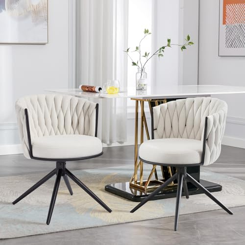 BERYTH Esszimmerstühle drehbar 2er Set Stoff Küchenstuhl Moderne Polsterstuhl Metallbeine Drehstuhl mit Armlehnen Rückenlehne für Esszimmer Küche Wohnzimmer Beige