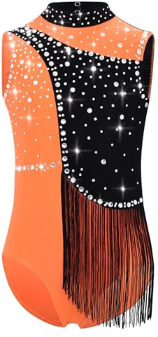 TiaoBug Body da Ginnastica Ritmica Bambina Balletto Leotards con Nappe Strass Body Danza Classica Moderna con Frange Costume da Ballo Latino Americano Performance Arancione 13-14 anni