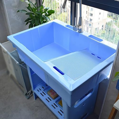 Utility Sink Laundry Tub, Freestanding Plastic Sinks With Washboard, Outdoor Kitchen Sinks Wash Basin Washing Station With Cold And Hot Water Faucet, Slop Sink For Laundry Room, Garage(Blue,31x22x32in