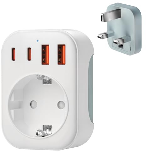 Reiseadapter England Deutschland Stecker 5-IN-1 Steckdosenadapter mit 1 AC & 2 USB-C & 2 USB-A (3.4A) UK Typ-G Steckdose Auf DE EU Reisestecker für Irland, Malta, Malediven,Sri Lanka usw
