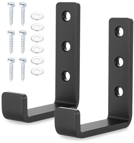 AIOUHMYM 2 Pcs Gancho de Pared para Garaje, Ganchos de Pared en J Resistentes, Ganchos Pared Colgar Herramientas de Garaje, Cobertizos, Mangueras, Escaleras, con Tornillos (Negro)