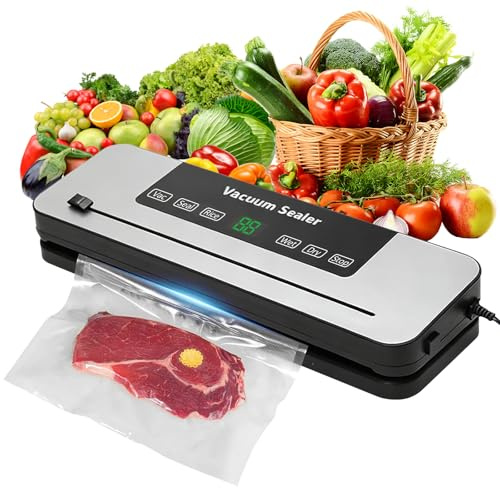 Pmueuff 8 in 1 Vakuumiergerät, Vakuumierer für Lebensmittel mit LED-Anzeige, Cutter und 10 Vakuumierbeutel Trocken-/Feuchtmodus Kompaktes Folienschweißgerät, Ideal für Küche und Restaurant