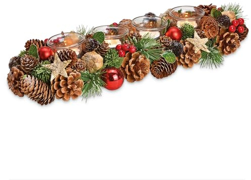 matches21 HOME & HOBBY Advent Arrangement 40 cm Wooden Decorative Tea Light Holder with Candle Glasses and Red Brown Christmas Decoration