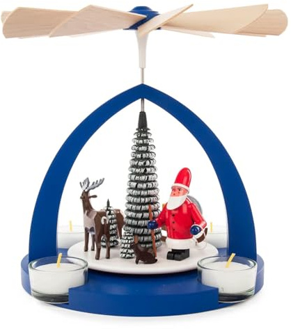 Müller Christmas Pyramid with Santa Claus and Forest Animals, Blue, for Tea Lights Erzgebirge