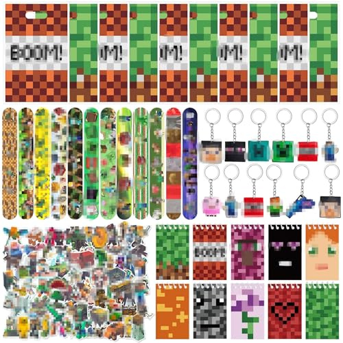 Mitgebsel Kindergeburtstag Miner- 144Pcs Party Spielzeug Set mit Aufkleber Schlüsselanhänger Geschenktüten Schnapparmband Notizbücher, Pixel Mitbringsel Geschenk Kinder Party Zubehör Geburtstag Deko