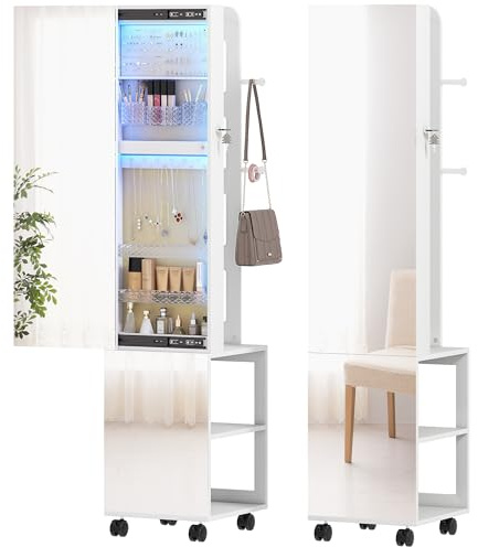 HOMCOM Espejo Joyero con Luces LED de 3 Colores, Armario Joyero de Pie Giratorio 360° con Espejo sin Marco, Perchero, Cerradura con Llaves, Compartimentos, Superficie Blanca y Forro Beige