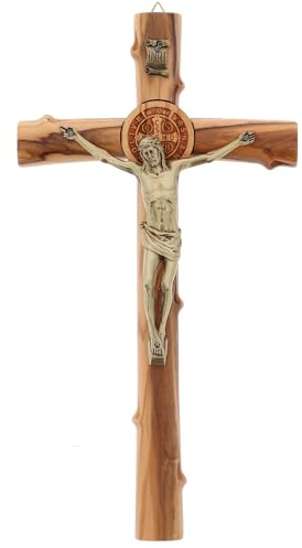 SHALOM - Croix San Benoît en bois d'olivier, corps en métal. Hauteur 28 cm